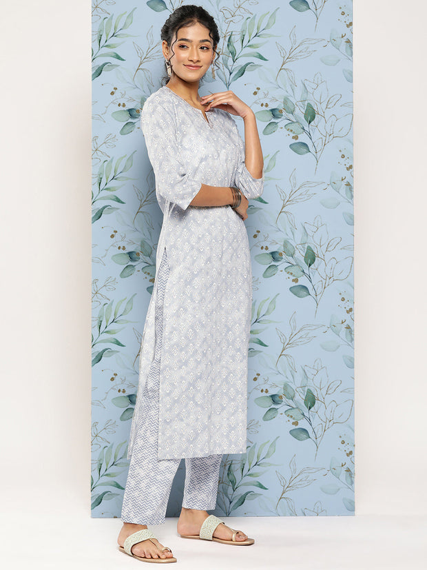 Women Grey Ethnic Embroidered Kurta With Palazzo And Dupatta