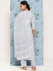 Women Grey Ethnic Embroidered Kurta With Palazzo And Dupatta
