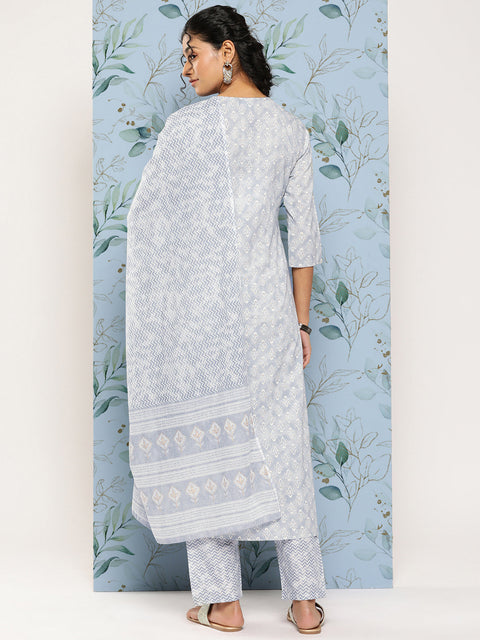 Women Grey Ethnic Embroidered Kurta With Palazzo And Dupatta