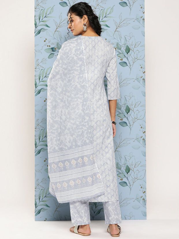 Women Grey Ethnic Embroidered Kurta With Palazzo And Dupatta