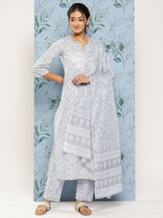 Women Grey Ethnic Embroidered Kurta With Palazzo And Dupatta