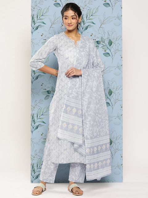Women Grey Ethnic Embroidered Kurta With Palazzo And Dupatta