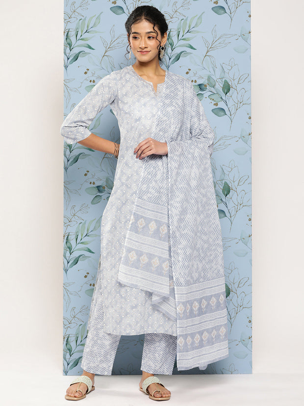 Women Grey Ethnic Embroidered Kurta With Palazzo And Dupatta