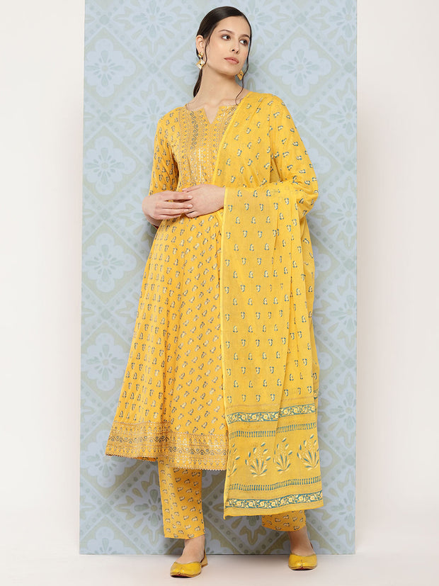 Women Yellow Printed Anarkali Kurta With Trouser And Dupatta