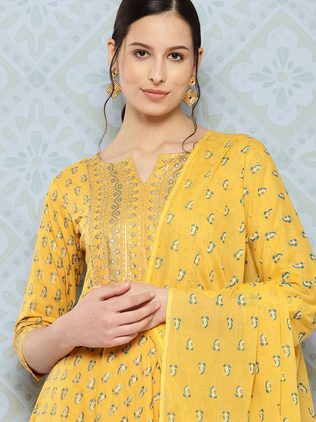 Women Yellow Printed Anarkali Kurta With Trouser And Dupatta