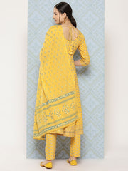 Women Yellow Printed Anarkali Kurta With Trouser And Dupatta