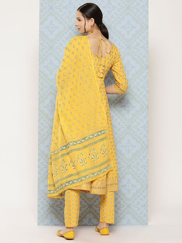 Women Yellow Printed Anarkali Kurta With Trouser And Dupatta