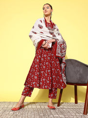 Women Maroon Printed Anarkali Kurta With Trouser And Dupatta