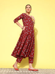 Women Maroon Printed Anarkali Kurta With Trouser And Dupatta