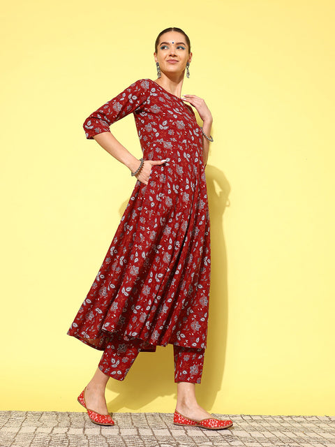 Women Maroon Printed Anarkali Kurta With Trouser And Dupatta