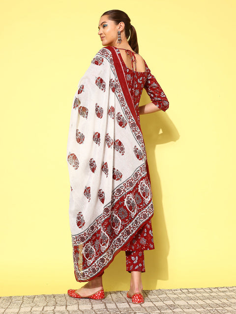 Women Maroon Printed Anarkali Kurta With Trouser And Dupatta