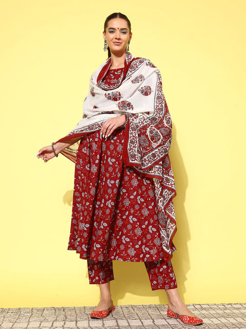 Women Maroon Printed Anarkali Kurta With Trouser And Dupatta