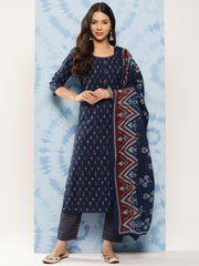 Women Blue Ethnic Printed Straight Kurta With Trouser