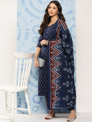 Women Blue Ethnic Printed Straight Kurta With Trouser