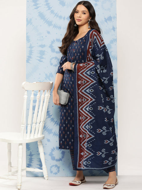 Women Blue Ethnic Printed Straight Kurta With Trouser