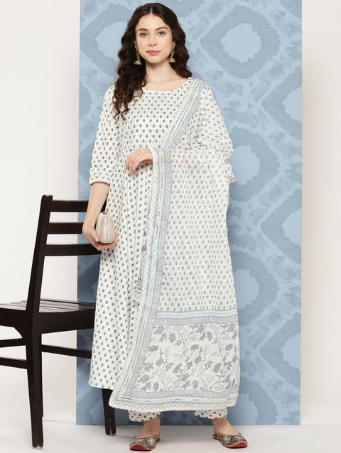 Women Off White Flared Kurta With Trouser & Dupatta