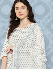 Women Off White Flared Kurta With Trouser & Dupatta