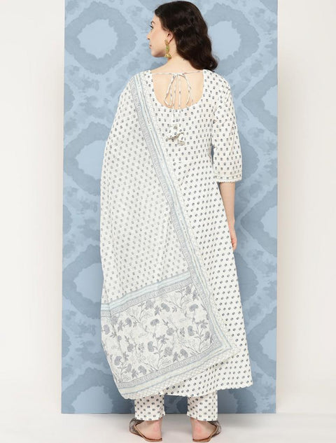 Women Off White Flared Kurta With Trouser & Dupatta