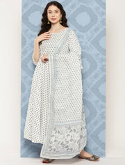 Women Off White Flared Kurta With Trouser & Dupatta