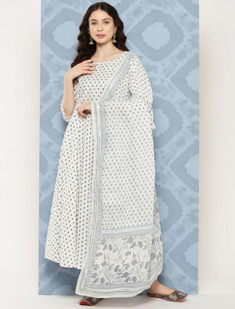 Women Off White Flared Kurta With Trouser & Dupatta