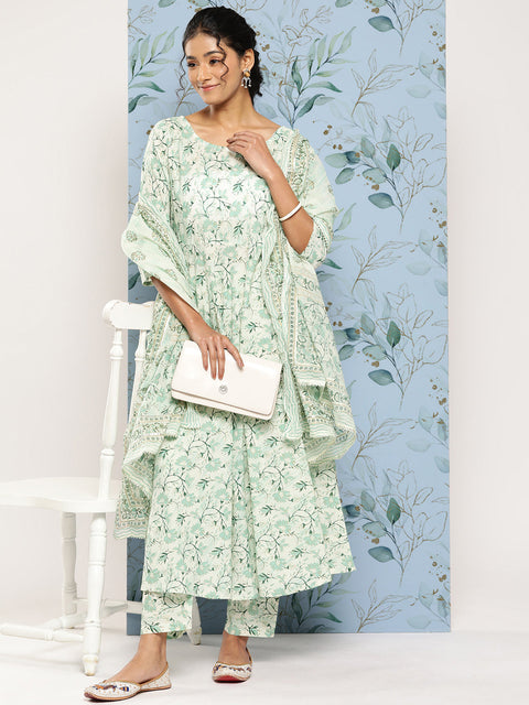 Women Green Printed Anarkali Kurta With Trouser and Dupatta