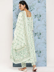Women Green Printed Anarkali Kurta With Trouser and Dupatta