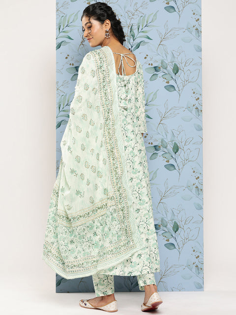 Women Green Printed Anarkali Kurta With Trouser and Dupatta