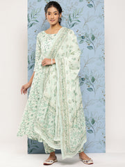 Women Green Printed Anarkali Kurta With Trouser and Dupatta