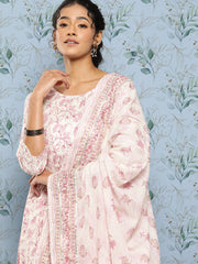 Women Off- White & Pink Printed Anarkali Kurta With Trouser and Dupatta