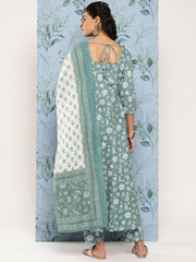Women Green Floral Printed Anarkali Kurta With Trouser and Dupatta