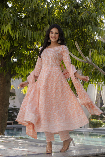 Women Peach Printed Anarkali Kurta With Trouser and Dupatta