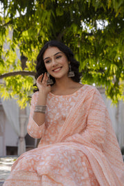 Women Peach Printed Anarkali Kurta With Trouser and Dupatta