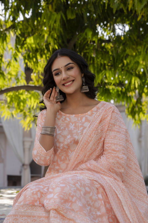 Women Peach Printed Anarkali Kurta With Trouser and Dupatta