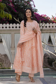 Women Peach Printed Anarkali Kurta With Trouser and Dupatta