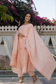 Women Peach Printed Anarkali Kurta With Trouser and Dupatta