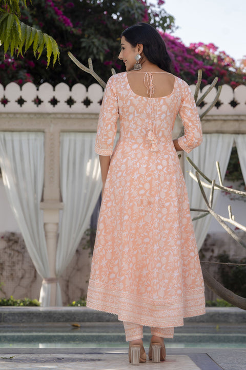 Women Peach Printed Anarkali Kurta With Trouser and Dupatta