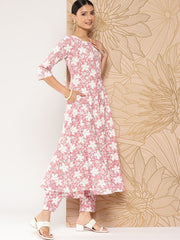 Women Mauve Printed Anarkali Kurta With Trouser And Dupatta