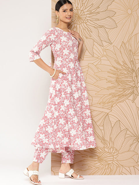 Women Mauve Printed Anarkali Kurta With Trouser And Dupatta