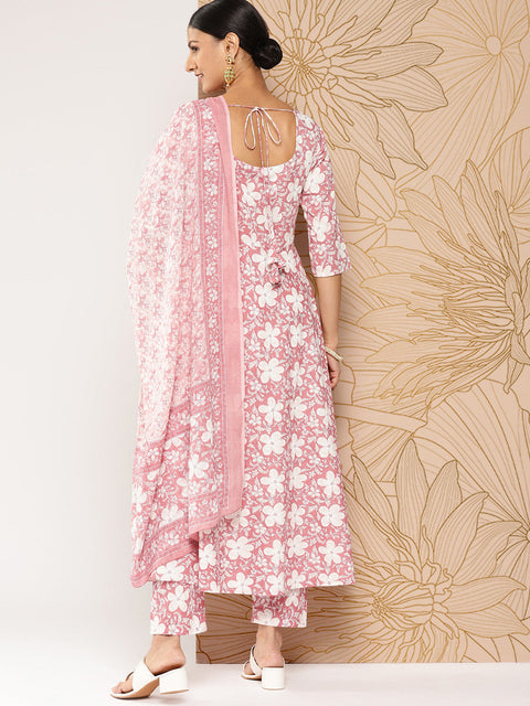 Women Mauve Printed Anarkali Kurta With Trouser And Dupatta