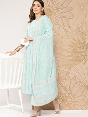 Women Blue Ethnic Printed Kurta With Trouser And Dupatta