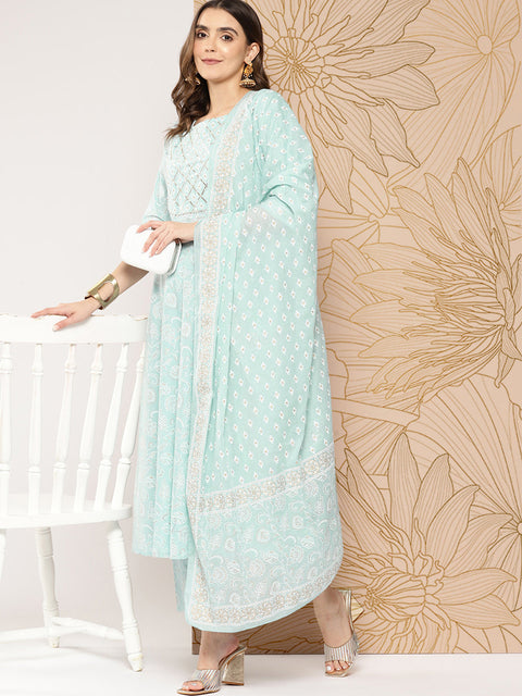 Women Blue Ethnic Printed Kurta With Trouser And Dupatta
