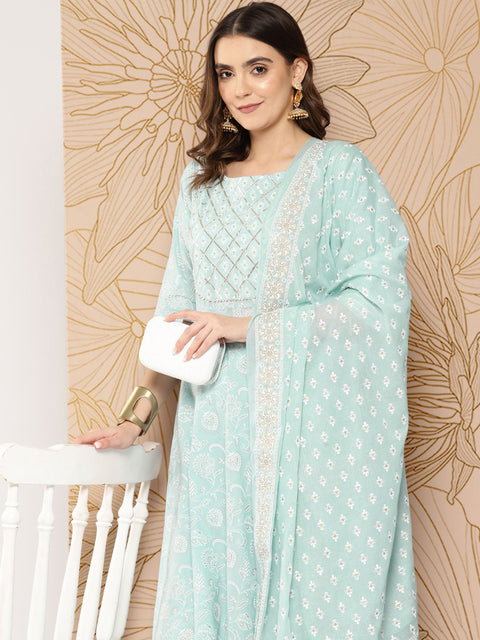 Women Blue Ethnic Printed Kurta With Trouser And Dupatta