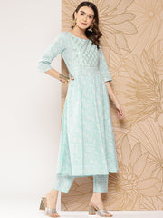 Women Blue Ethnic Printed Kurta With Trouser And Dupatta