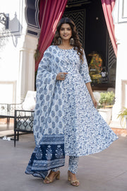 Women Blue Floral Printed Anarkali Kurta With Trouser And Dupatta