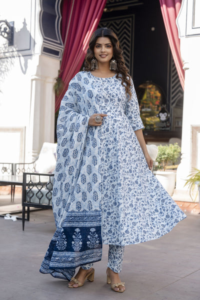 Women Blue Floral Printed Anarkali Kurta With Trouser And Dupatta