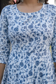 Women Blue Floral Printed Anarkali Kurta With Trouser And Dupatta