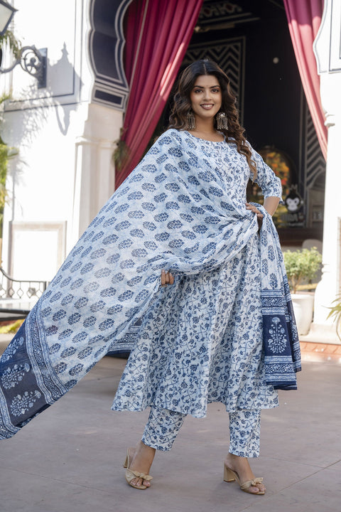 Women Blue Floral Printed Anarkali Kurta With Trouser And Dupatta