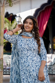 Women Blue Floral Printed Anarkali Kurta With Trouser And Dupatta