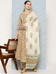 Women Yellow Printed Anarkali Kurta With Trouser And Dupatta