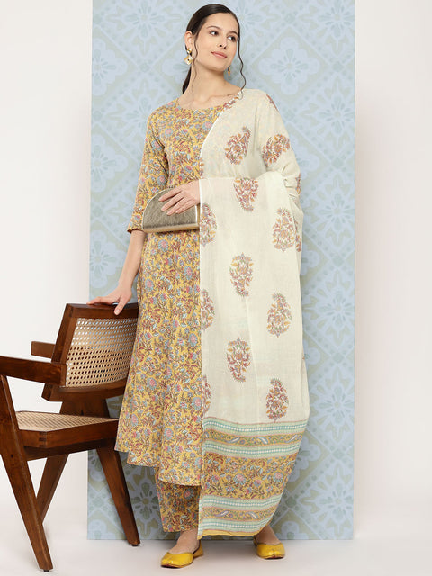 Women Yellow Printed Anarkali Kurta With Trouser And Dupatta